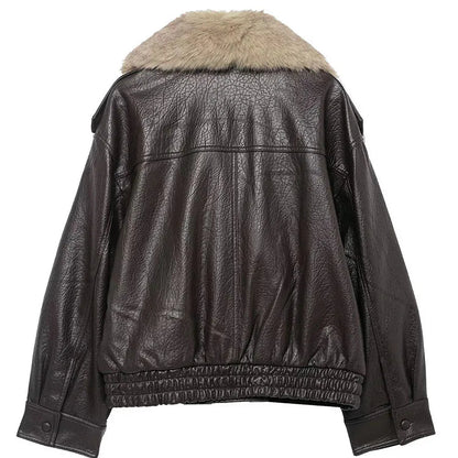 Black leather jacket with fur collar on a white background