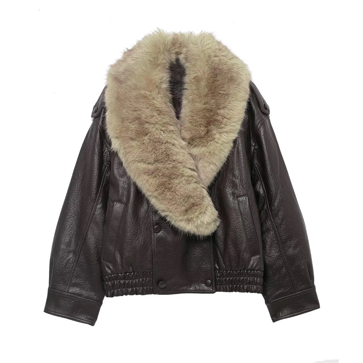 Brown leather jacket with fur collar on a white background