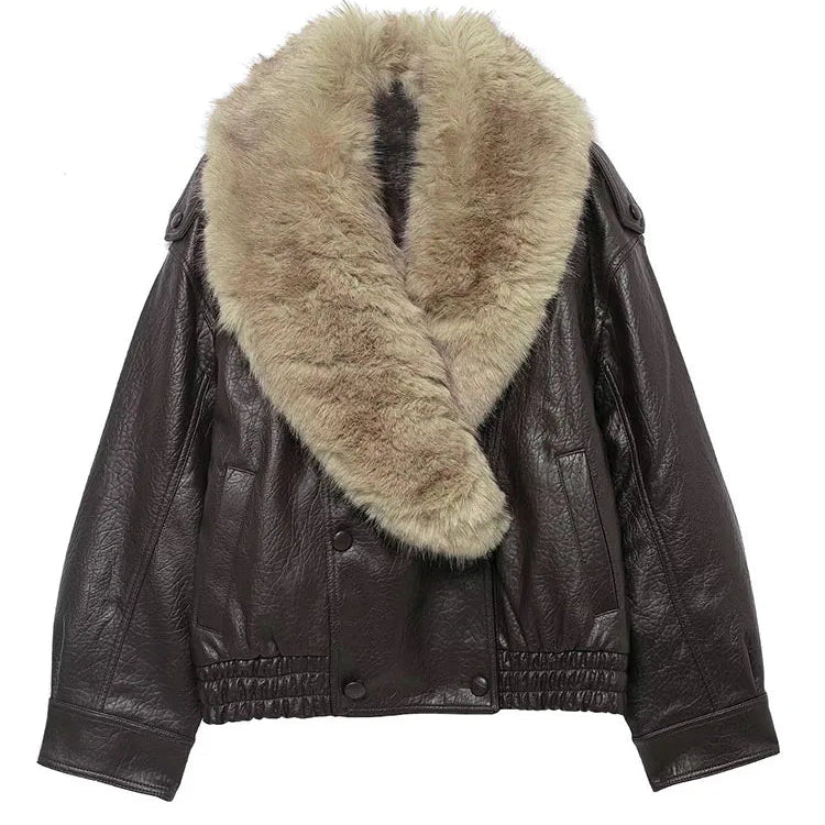 Brown leather jacket with fur collar on a white background, featuring the brand 'TFMLN'.