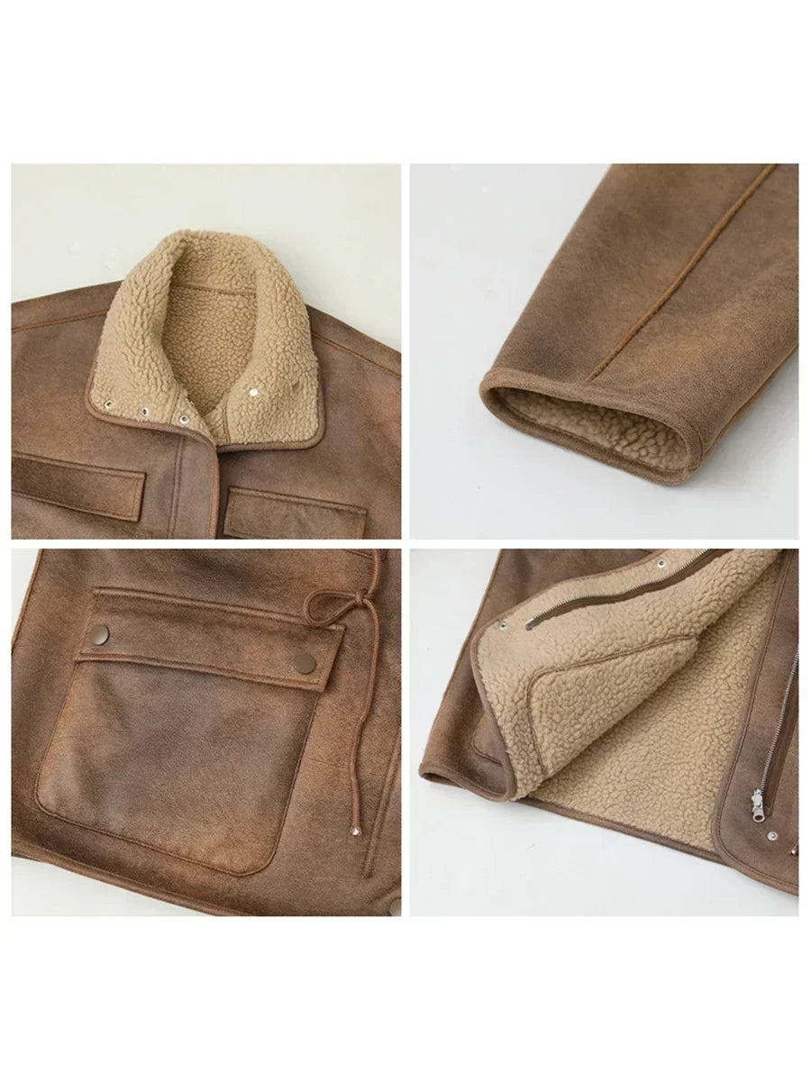 Brown leather jacket with fur lining shown from different angles on a white background