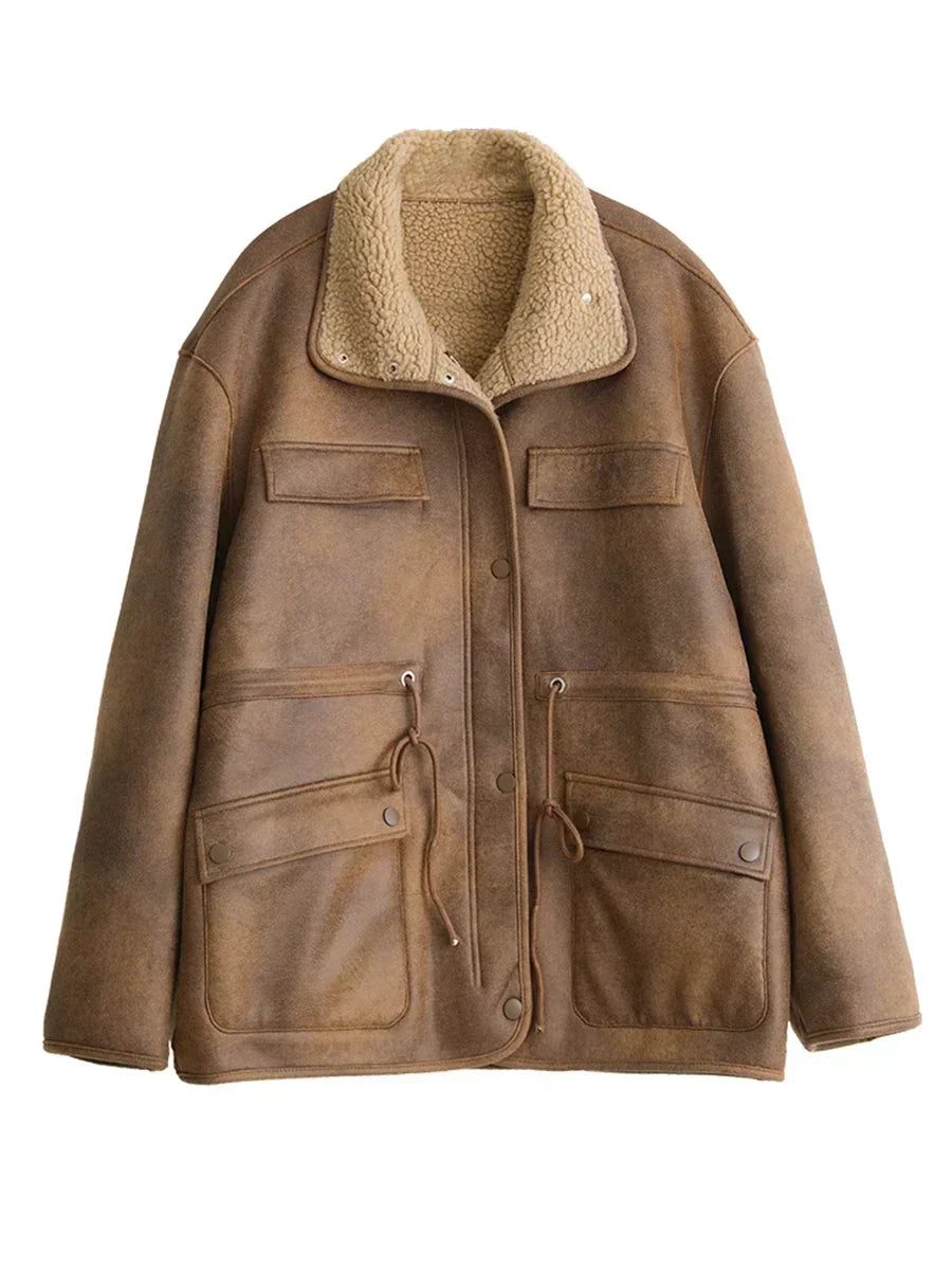 Brown leather jacket with shearling collar on a white background