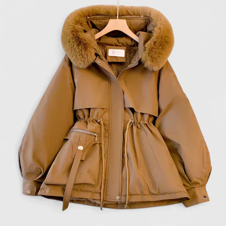Brown parka jacket with fur hood on a white background