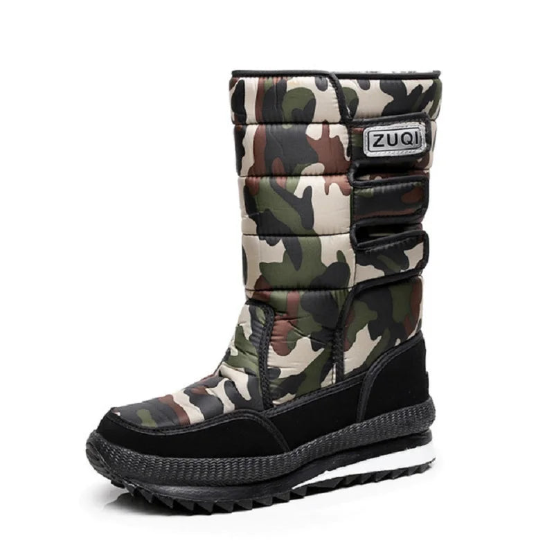 Camouflage-patterned snow boot with black sole on a white background