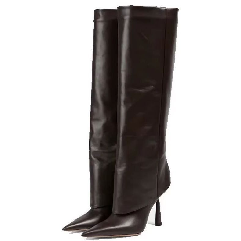 Black knee-high boot with studded details and a zipper on a white background 1