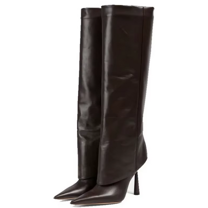Black knee-high boot with studded details and a zipper on a white background 1