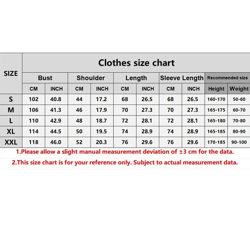 Clothing size chart with measurements in centimeters and inches.