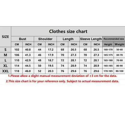 Clothing size chart with measurements in centimeters and inches.