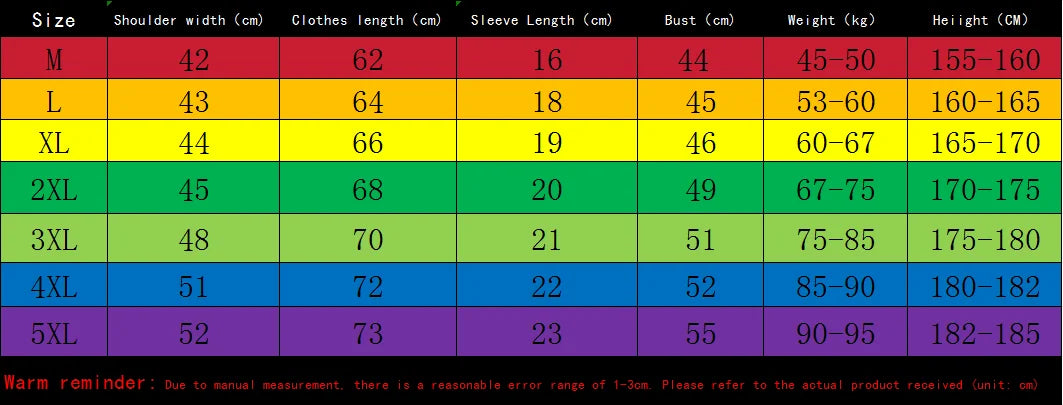 Colorful size chart with measurements for shoulder width, clothes length, sleeve length, bust, weight, and height.