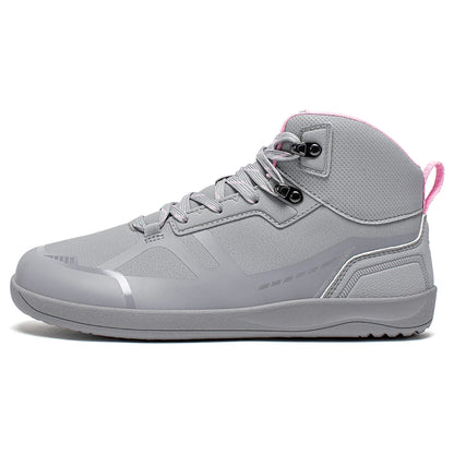 Gray high-top sneaker with pink accents on a white background
