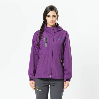 Woman wearing a purple jacket on a white background