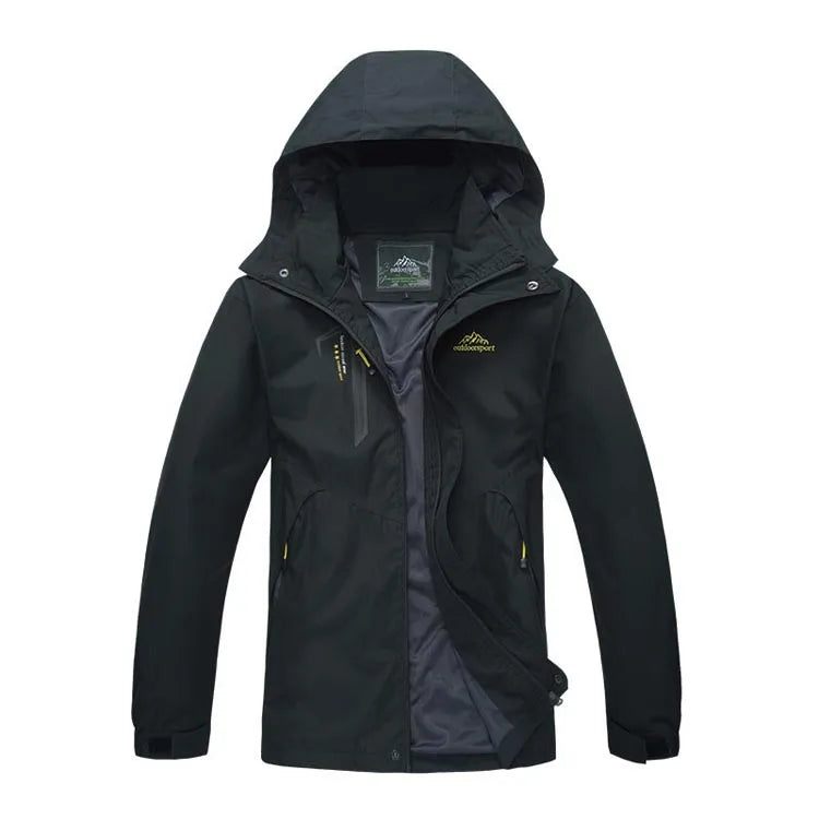 Black hooded jacket with visible brand logo on a white background