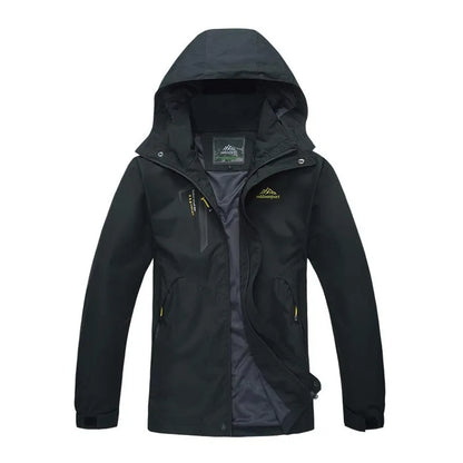 Black hooded jacket with visible brand logo on a white background