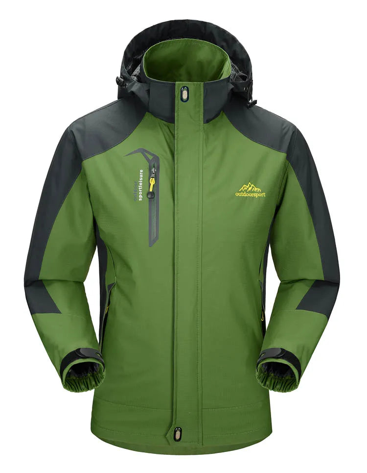 Green and black jacket with a brand logo on a white background