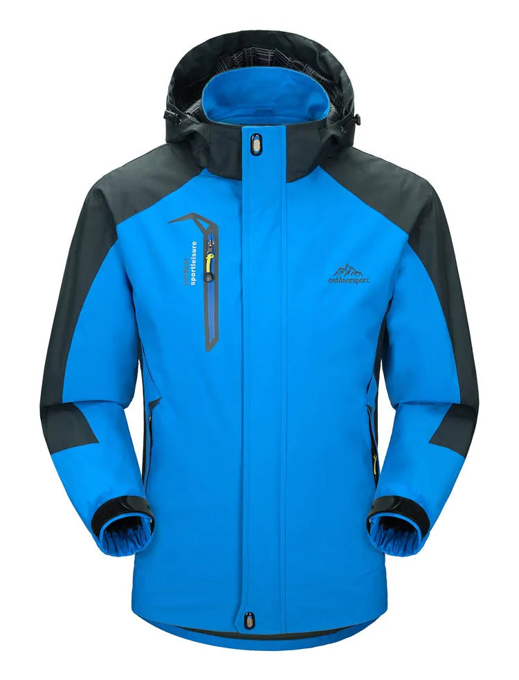 Blue and black jacket with a brand logo on a white background