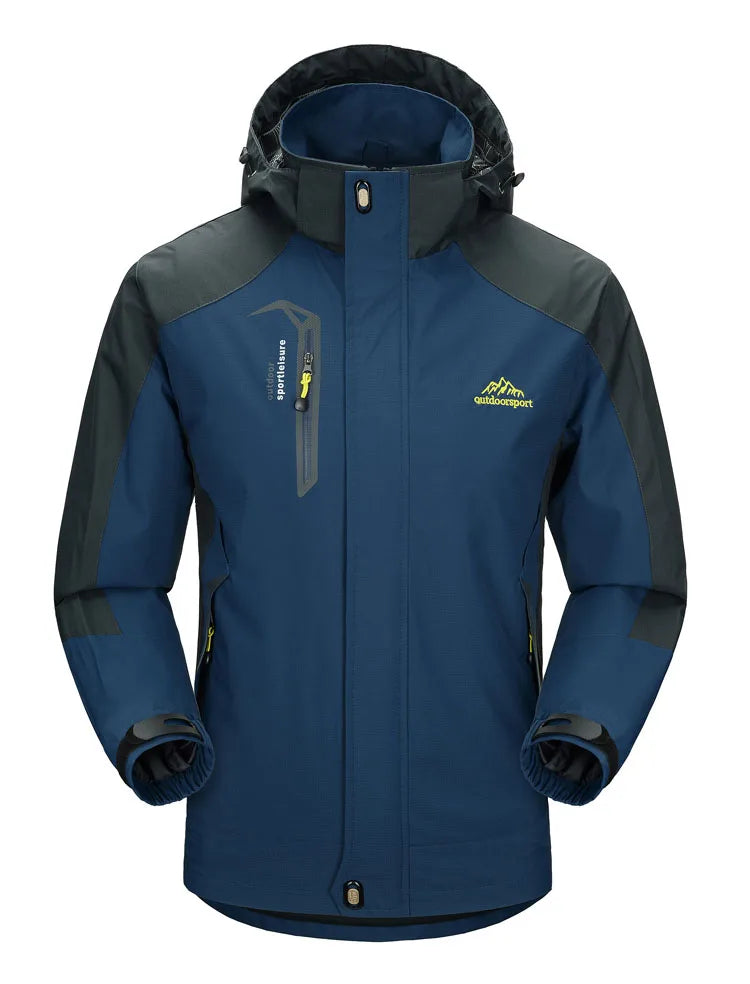 Blue and gray jacket with a brand logo on a white background