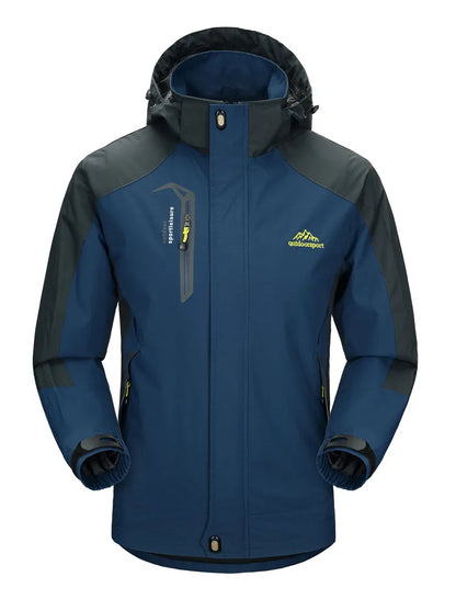 Blue and gray jacket with a brand logo on a white background