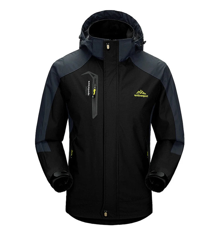 A black and dark gray hooded outdoor jacket with a front zipper, zippered chest pocket, and yellow logo on the left chest, shown on a plain white background.