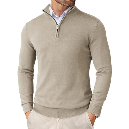 Man wearing a beige half-zip sweater on a white background