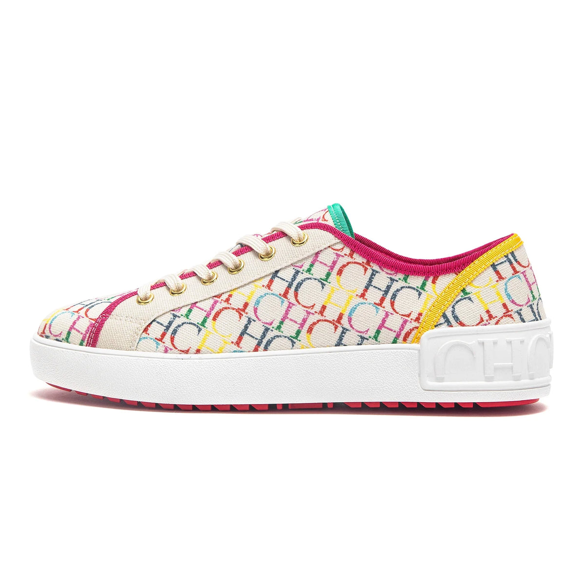 Multicolored patterned sneaker on a white background