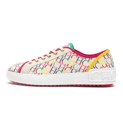 Multicolored patterned sneaker on a white background