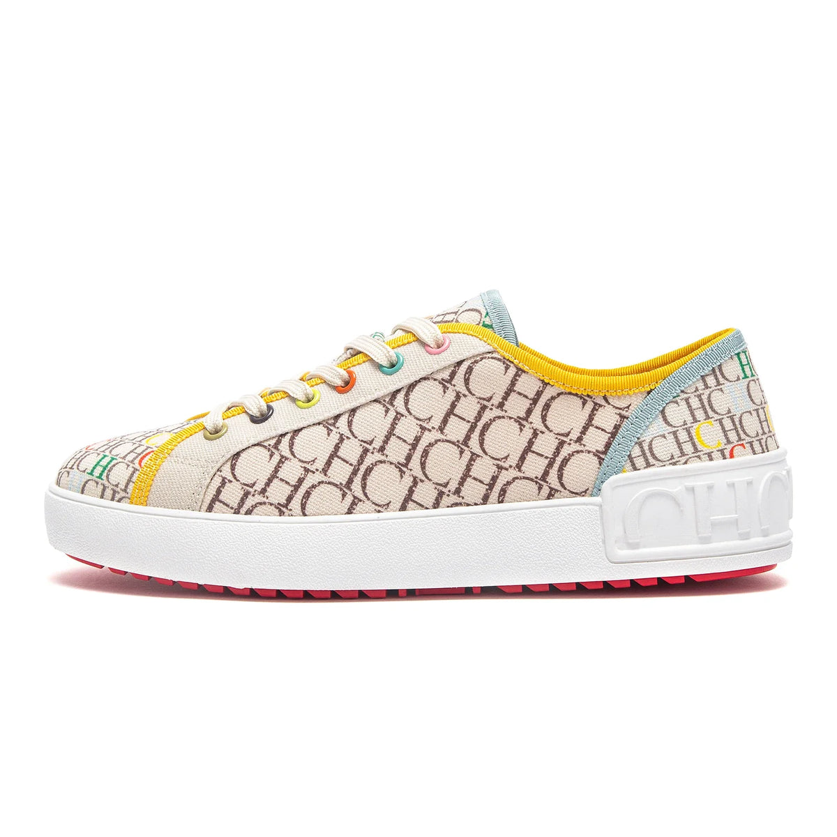 Multicolored sneaker with brand logo on a white background