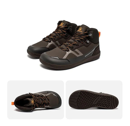 Pair of black and brown high-top sneakers with orange accents on a white background.