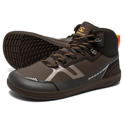 Pair of brown and black high-top sneakers with orange accents on a white background