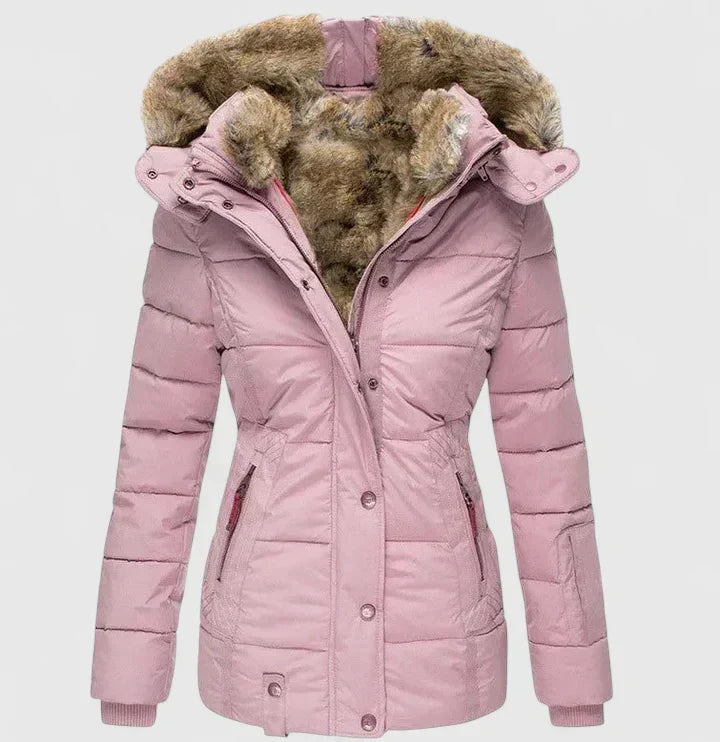Pink winter jacket with fur-lined hood on a light gray background