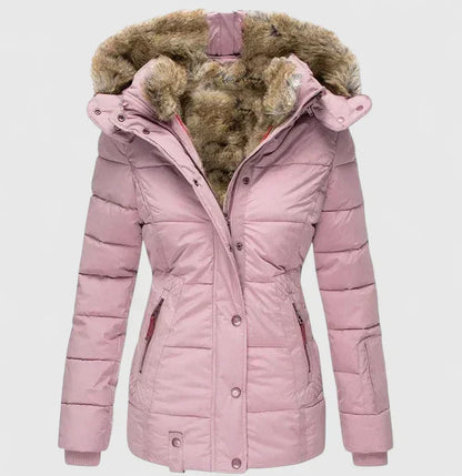 Pink winter jacket with fur-lined hood on a light gray background