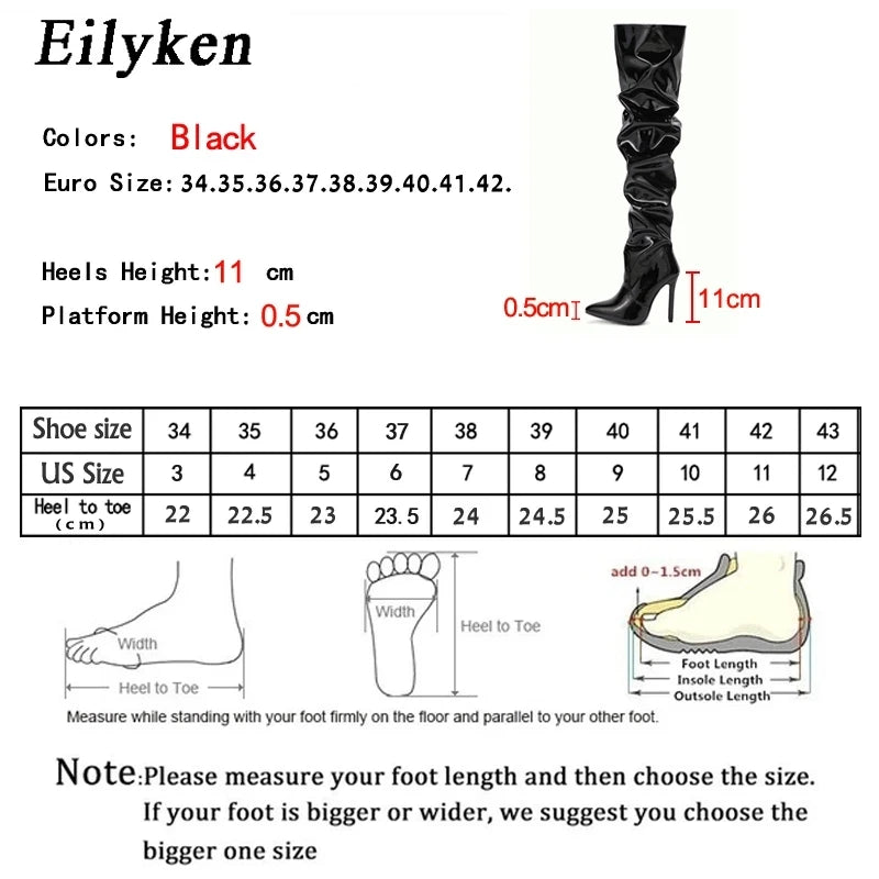 Product description for black high-heeled boots with size chart and measurements.