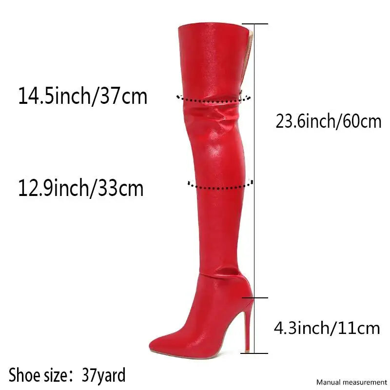 Red knee-high boot with measurements on a white background