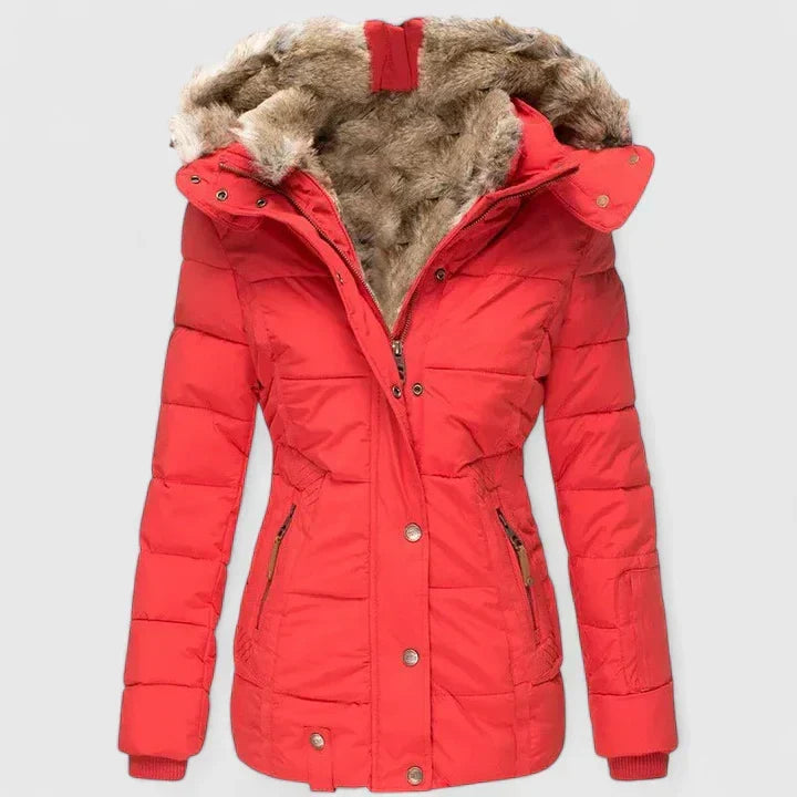Red puffer jacket with fur-lined hood on a light gray background