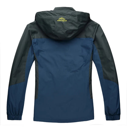 Back view of a blue and green jacket with a brand logo on a white background