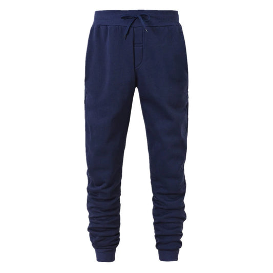 Navy blue jogger pants on a white background