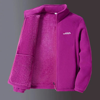Purple fleece jacket with a brand logo on a gray background