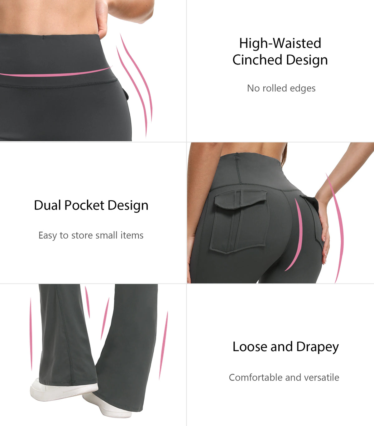 Black high-waisted pants with dual pocket design on a white background