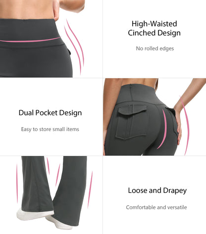 Black high-waisted pants with dual pocket design on a white background