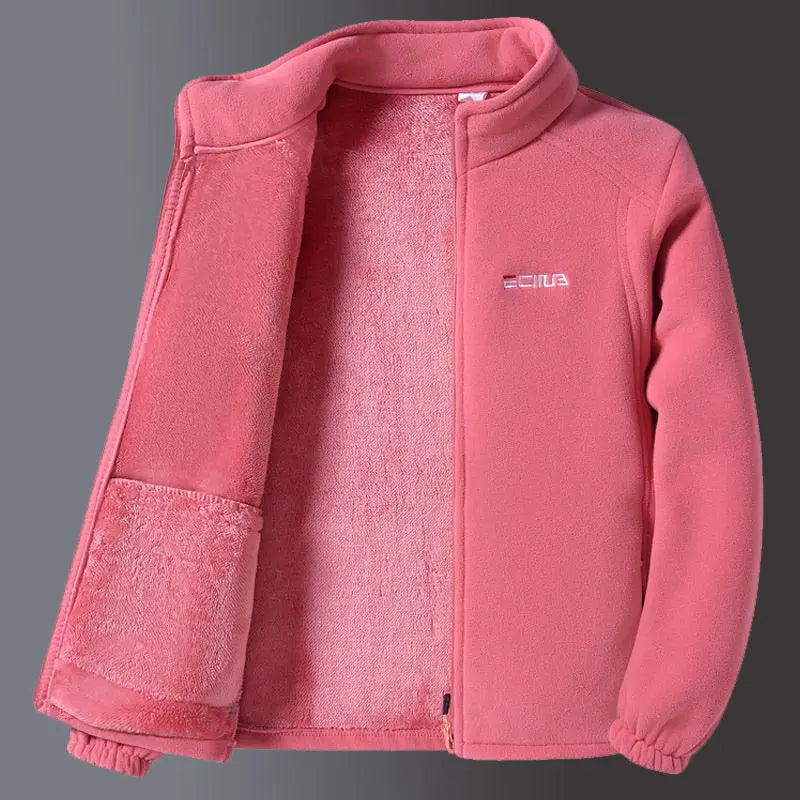 Pink fleece jacket with a brand logo on a gray background