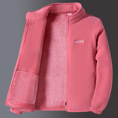 Pink fleece jacket with a brand logo on a gray background