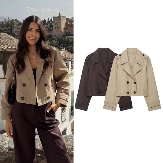 A woman wearing a cropped double-breasted trench jacket in tan and dark brown, shown in a split layout with two clean product views on the right against a white background.