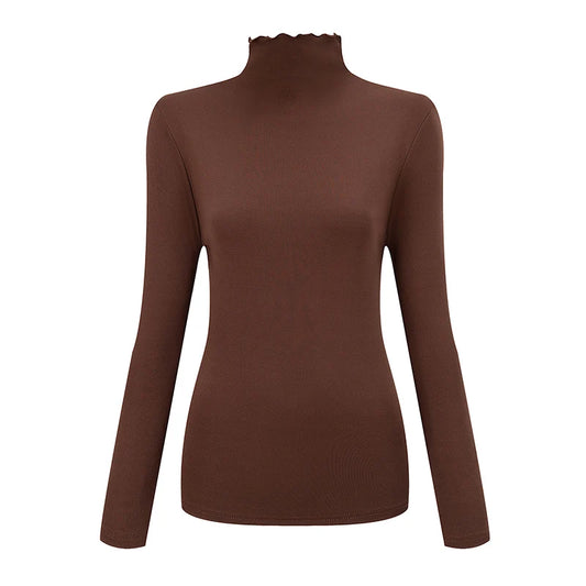 A women's long-sleeve mock neck sweater in a solid dark brown color, displayed on a ghost mannequin against a plain white background.