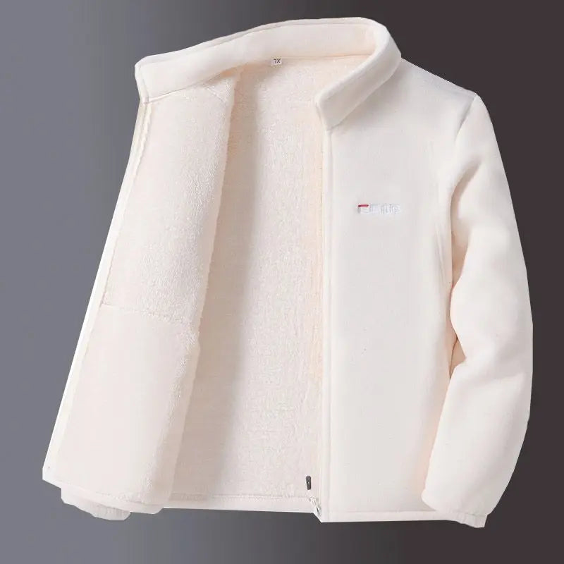 White fleece jacket on a gray background