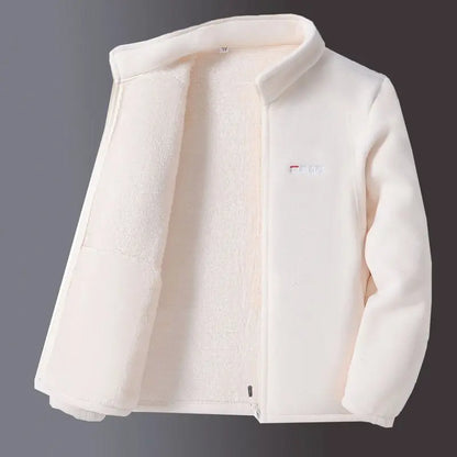 White fleece jacket on a gray background