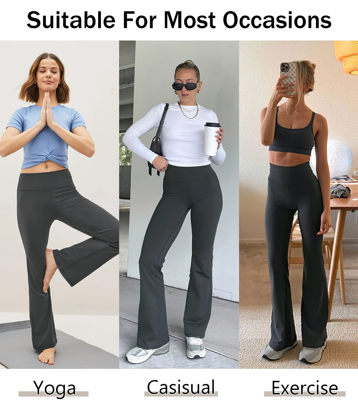 Three scenarios showing a person wearing black flared pants in yoga, casual, and exercise settings.