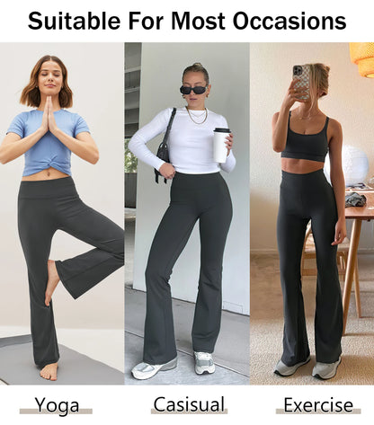 Three scenarios showing a person wearing black flared pants in yoga, casual, and exercise settings.