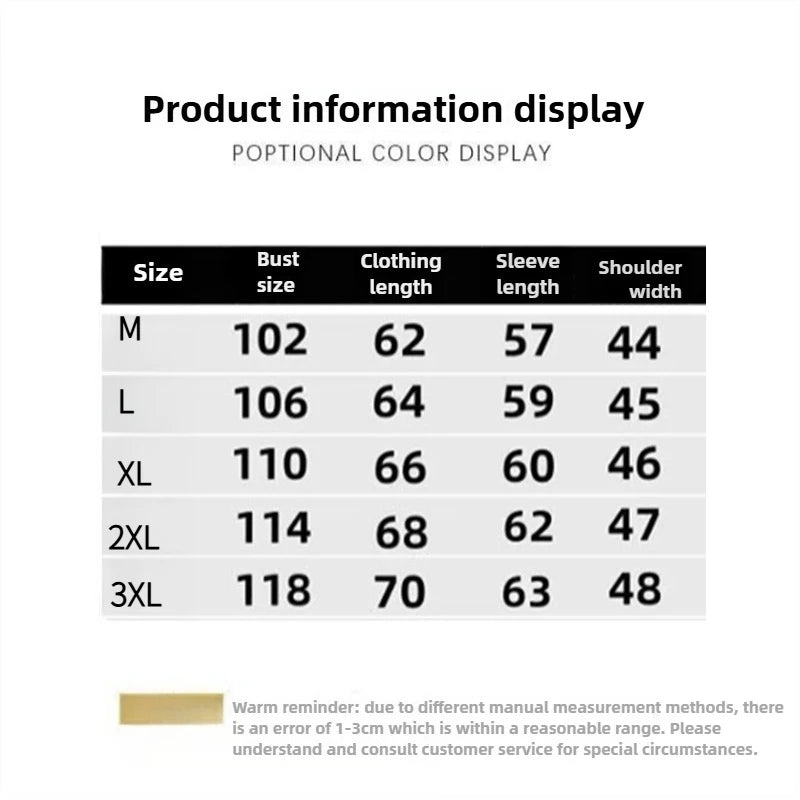 Product size chart with measurements for bust, clothing length, sleeve length, and shoulder width.