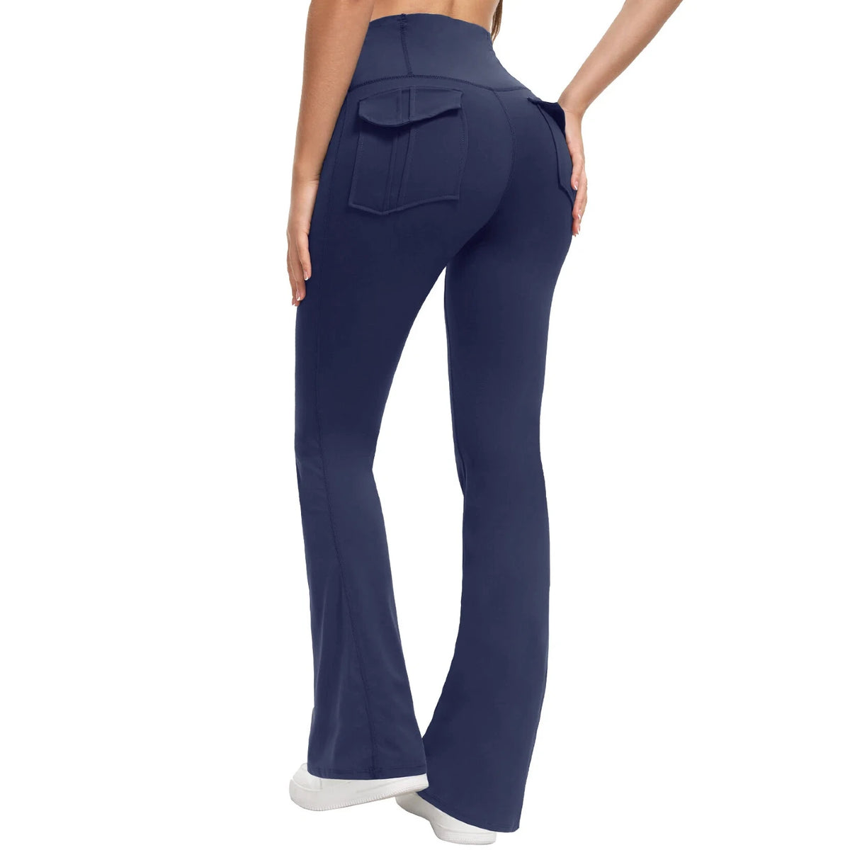 Navy blue pants with a high waist and front pockets on a white background