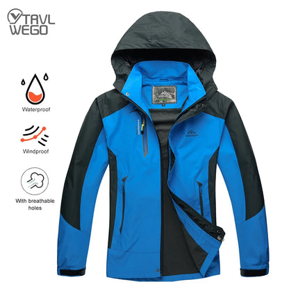 A blue and black hooded outdoor jacket shown on a white background with feature icons for waterproof, windproof, and breathable holes. The brand name 'TRAVL WEGO' is visible in the top left corner.