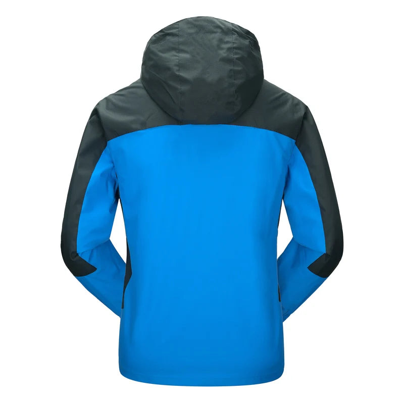 Blue and black jacket with a hood on a white background