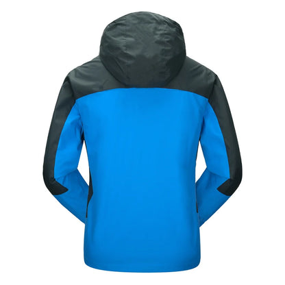 Blue and black jacket with a hood on a white background